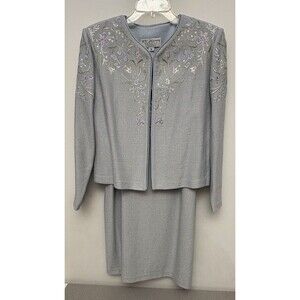 St John Evening Knit Dress Suit, Metallic Blue Embellished Embroidery, Size 10